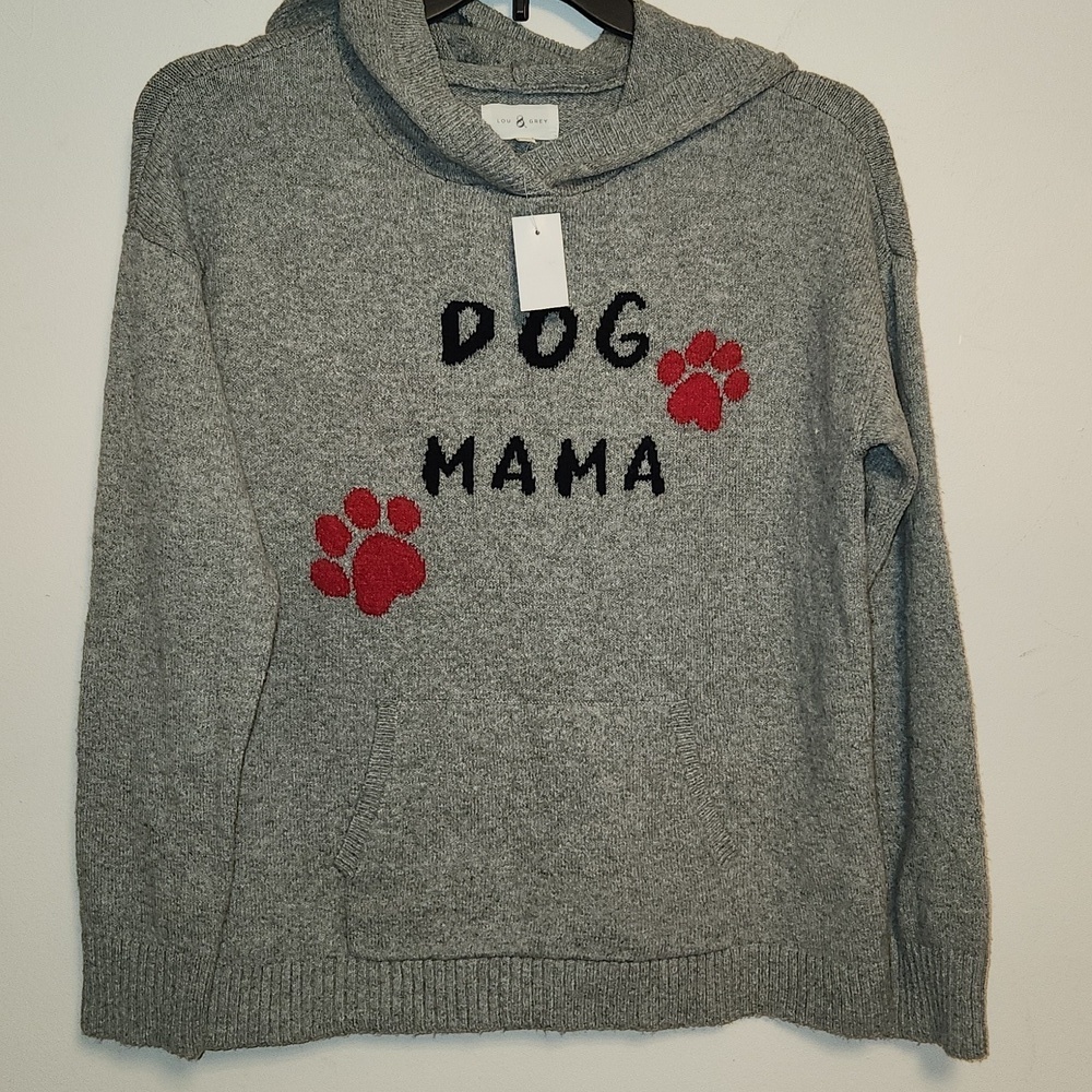Lou & Grey Hooded Gray Cotton Blend Pawprint "DOG MAMA" pullover Sweater Size M